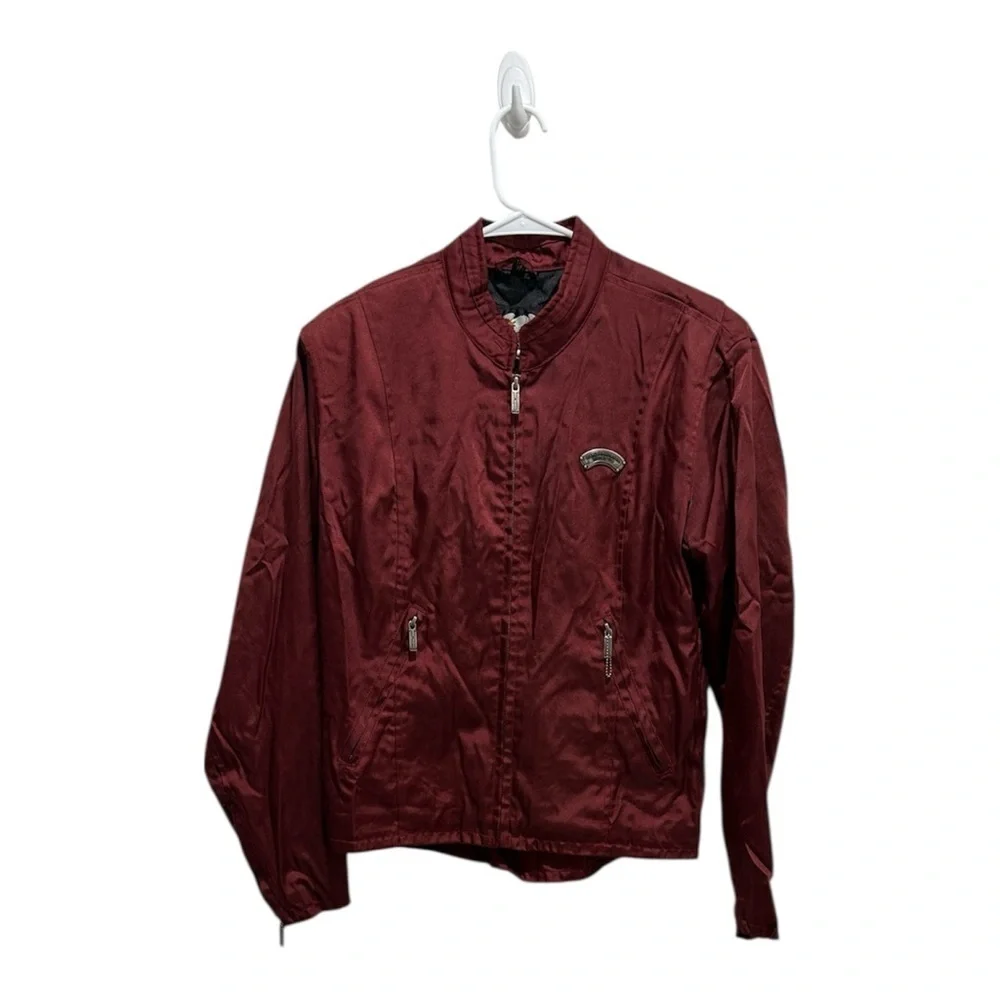 Harley-Davidson Women’s M Burgundy Nylon Motorcycle Jacket Metal Logo Zip Cuffs